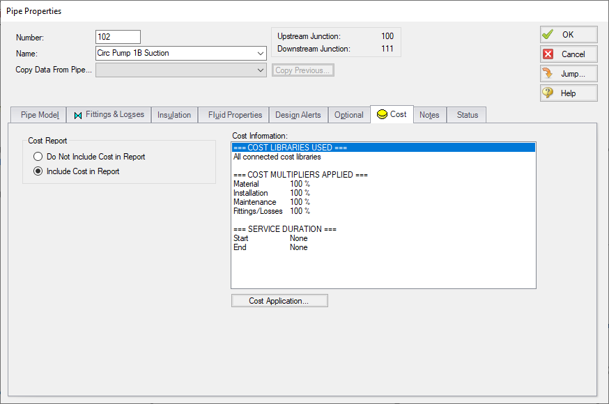 The Cost tab in the Pipe Properties window. The radio button for Include Cost in Report is selected.